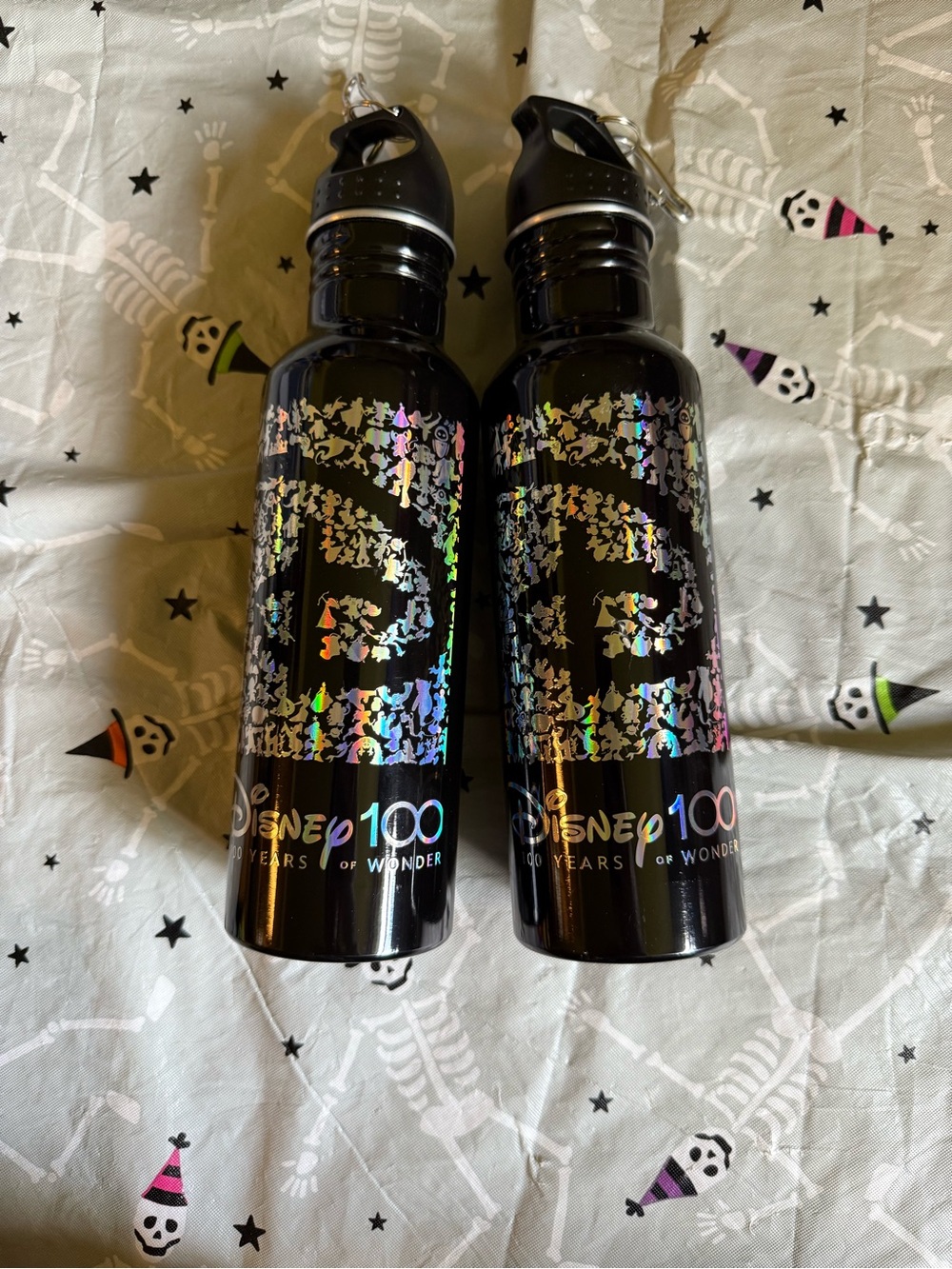 2 Disney Aluminum Water Bottle 100th Year Anniversary Black With Clips